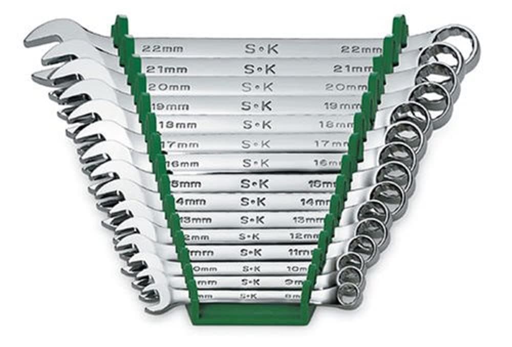 SK Tools 86265 15-Piece 12-Point Metric SuperKrome Combination Wrench Set
