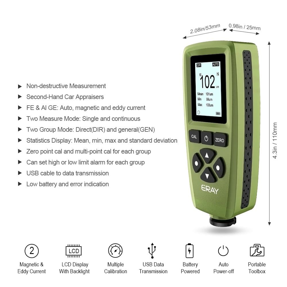 ERAY Paint Thickness Gauge with Backlit LCD and USB Export