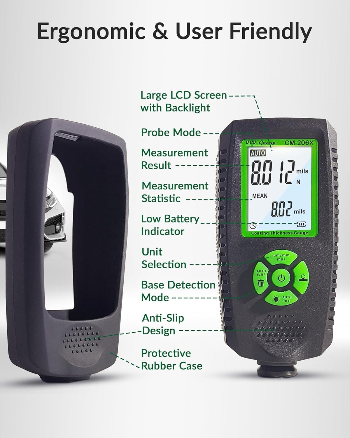 VVV-Group CM-206X Coating Thickness Gauge with Ruby Probe