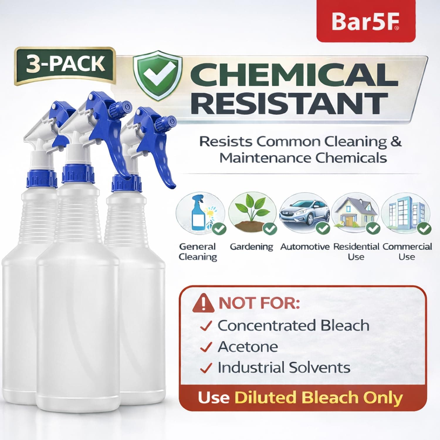 Bar5F Heavy Duty Chemical Resistant Spray Bottles 24 oz (3-Pack)