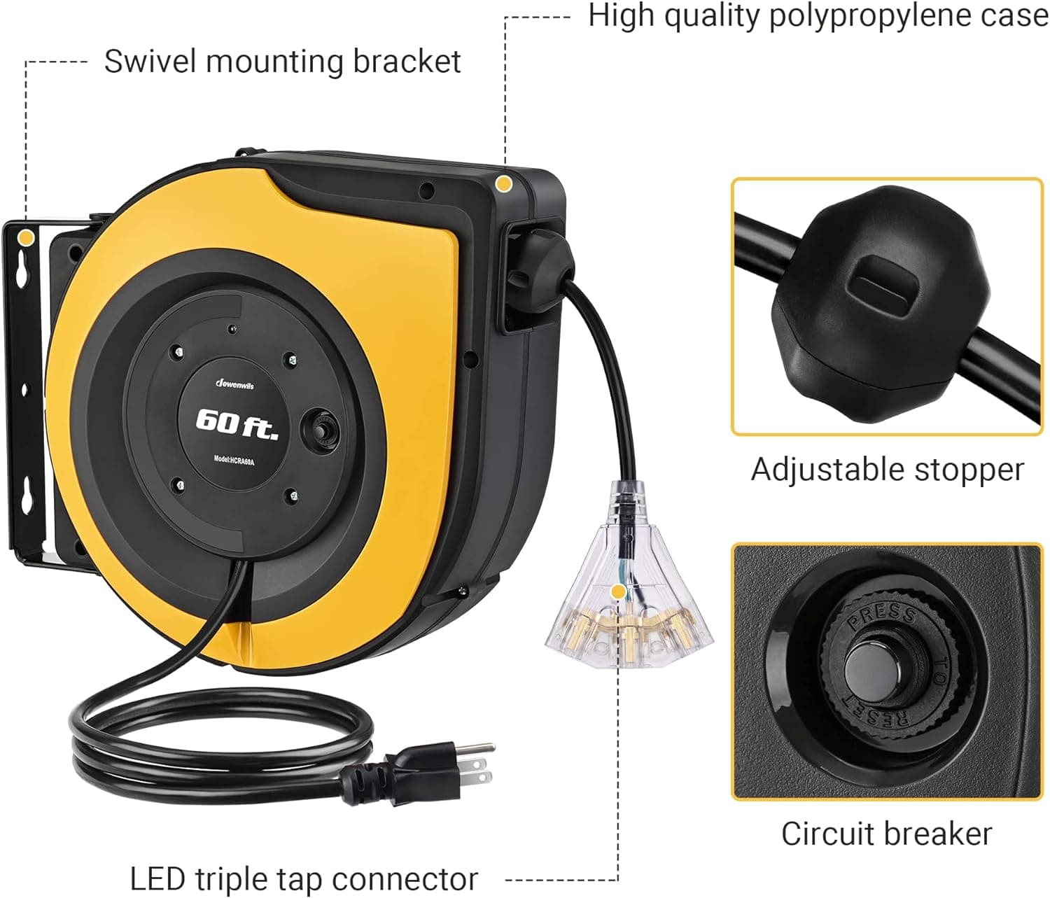 DEWENWILS Retractable Cord Reel, 60 FT Heavy Duty Extension Cord, 12AWG/3C SJTOW, 3 Grounded Outlets, 15A Circuit Breaker, Wall/Ceiling Mount