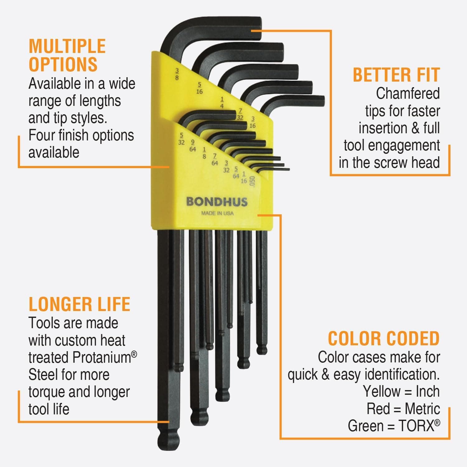 Bondhus 20199 Ball-End Hex Key Set — Metric + SAE (22-Piece)