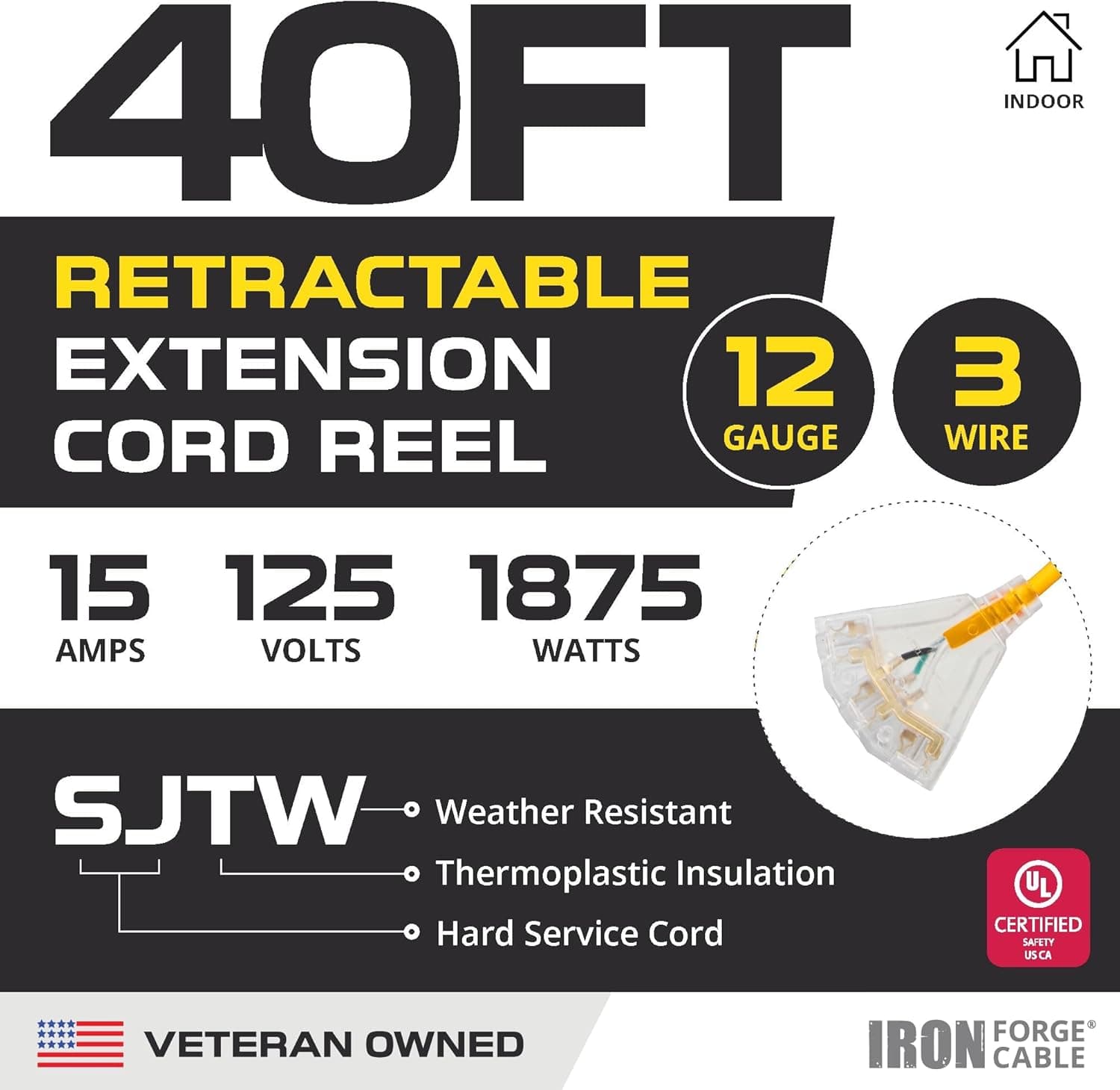 Iron Forge Cable Retractable Extension Cord Reel 40 ft