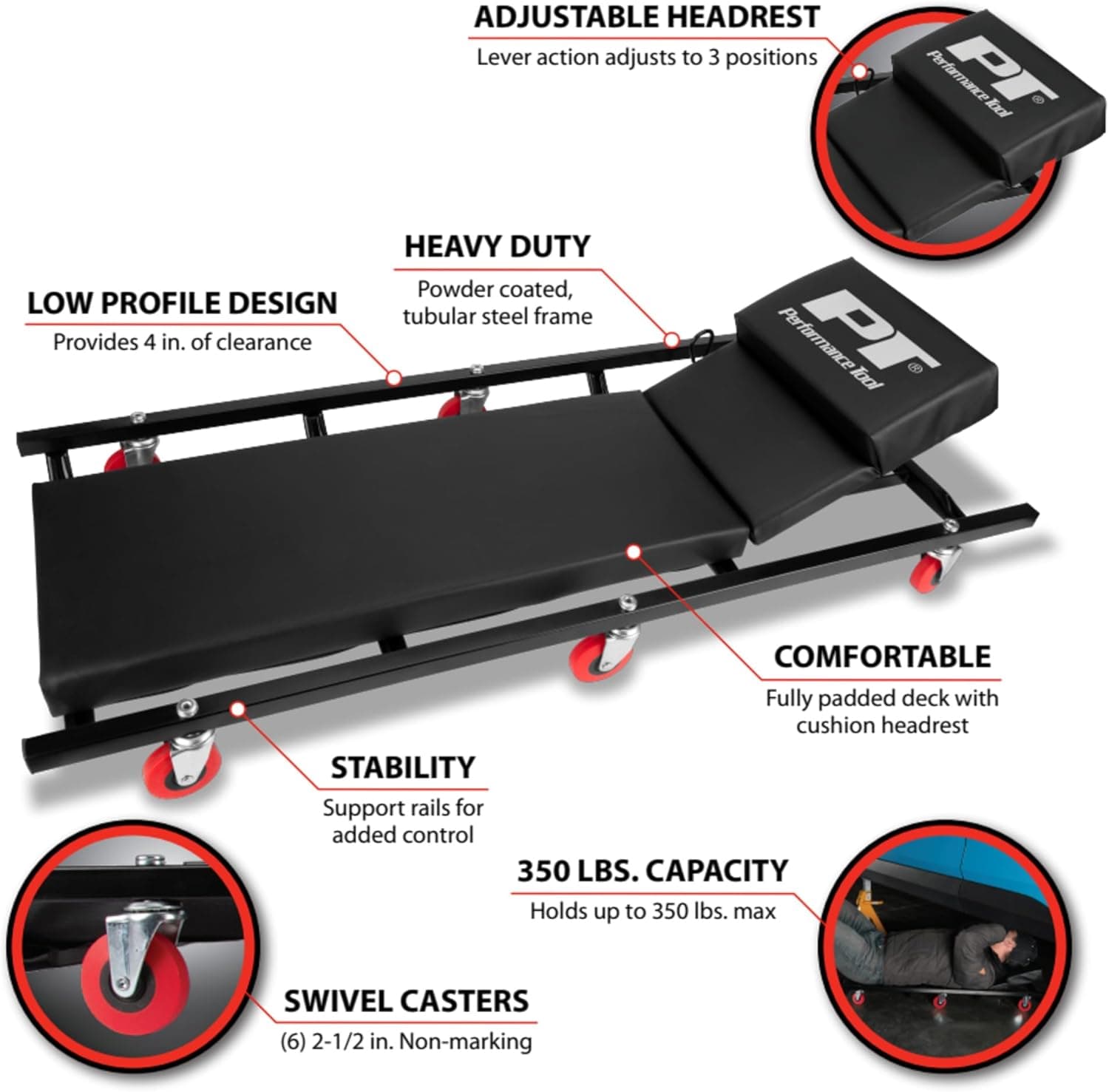 Performance Tool W85005 40-Inch 6-Caster Rolling Shop Creeper