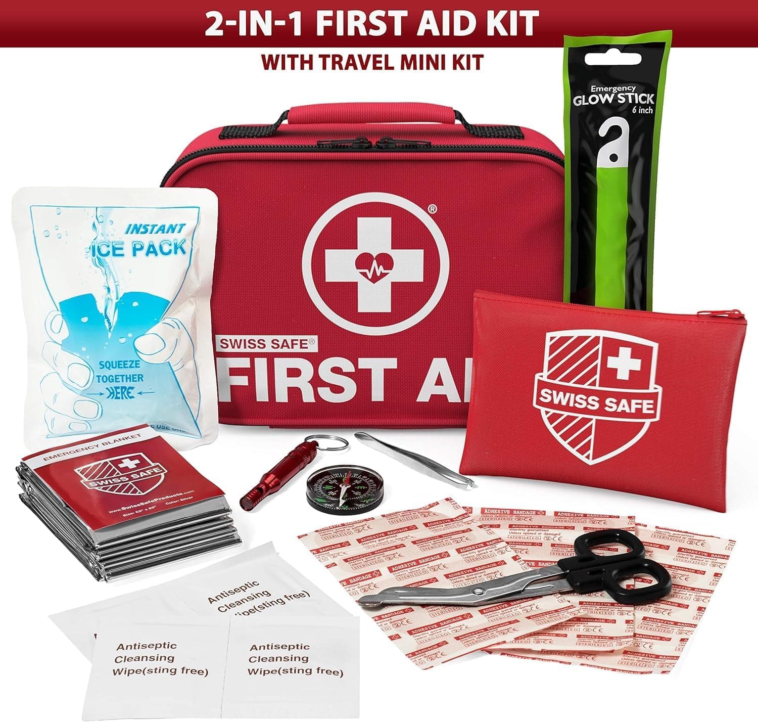 Swiss Safe 2-in-1 First Aid Kit (120 Piece + Bonus 32-Piece Mini Kit)
