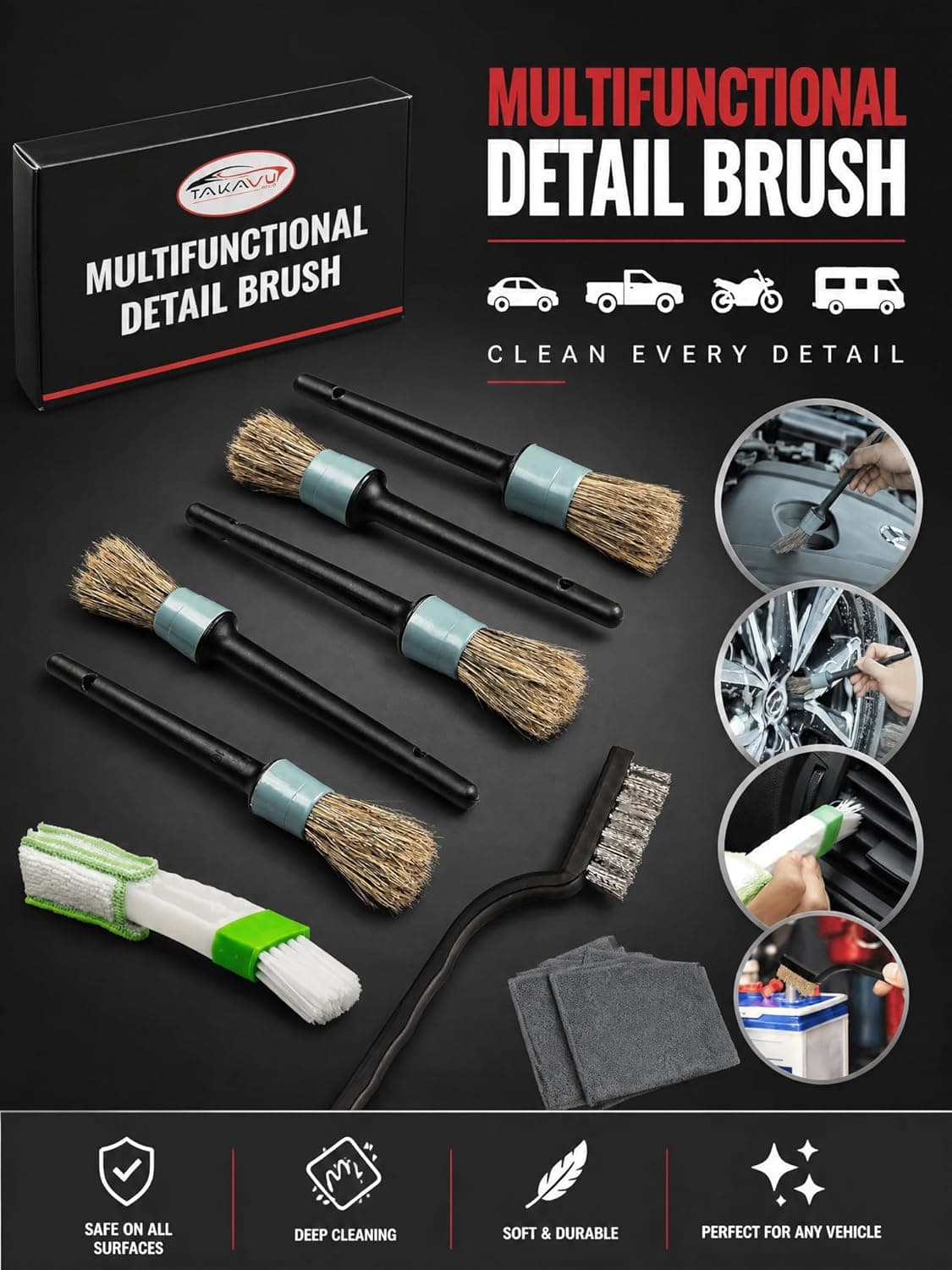 TAKAVU Complete Car Detailing Brush Kit (10 Piece)