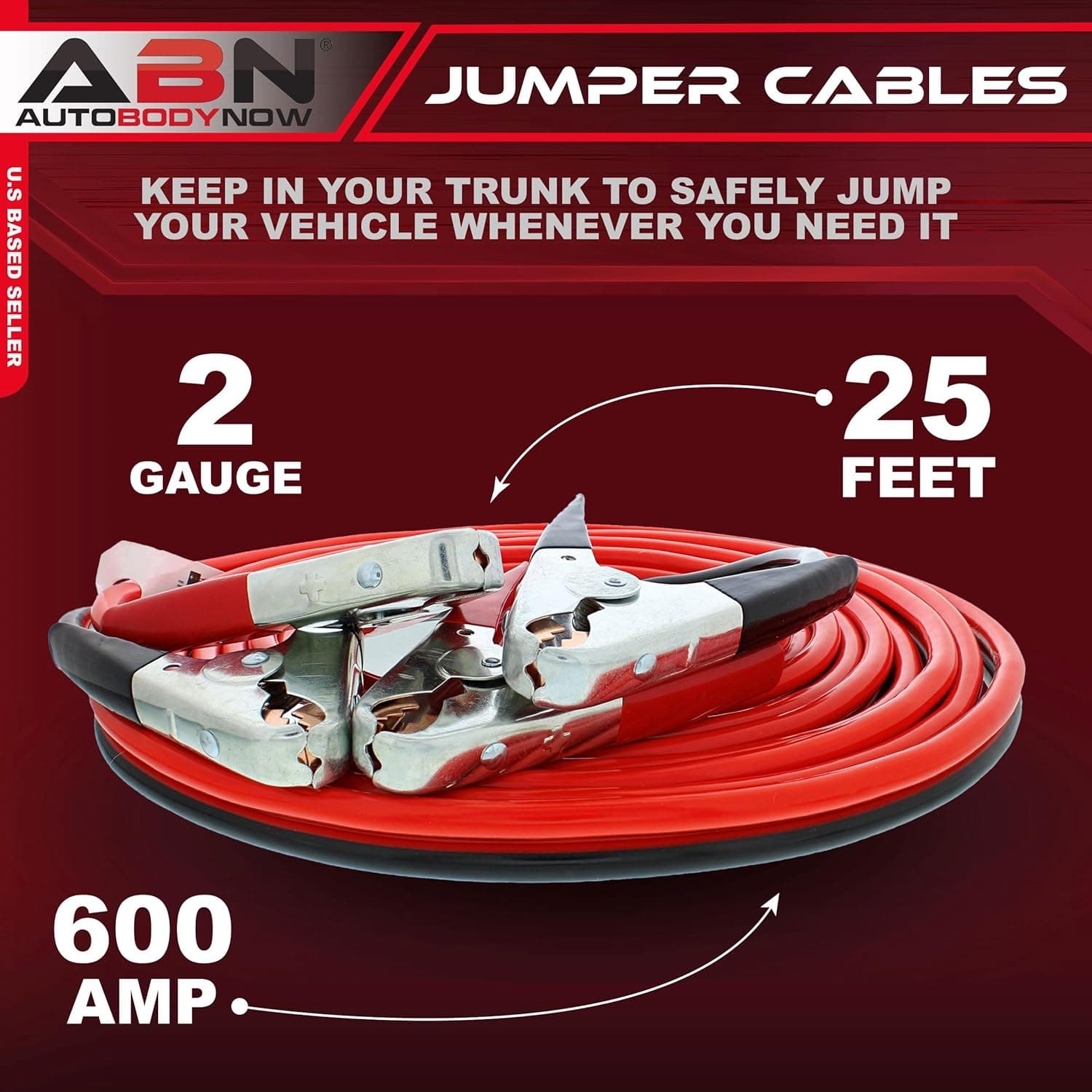 ABN Jumper Cables, 25ft Long, 2-Gauge, 600 AMP