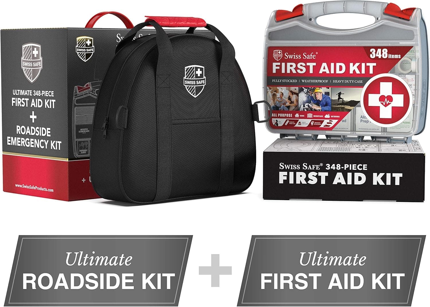 Swiss Safe 2-in-1 Car Emergency Kit (378-Piece: Jumper Cables + 348-Piece First Aid Kit)