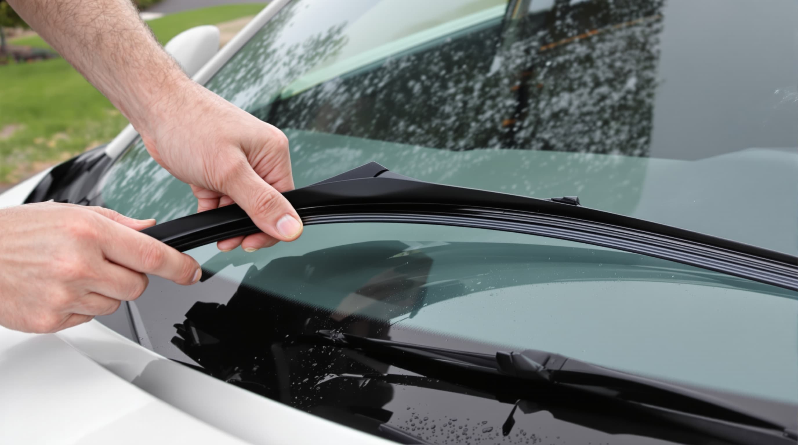 A hand clipping a new windshield wiper blade onto a car's wiper arm