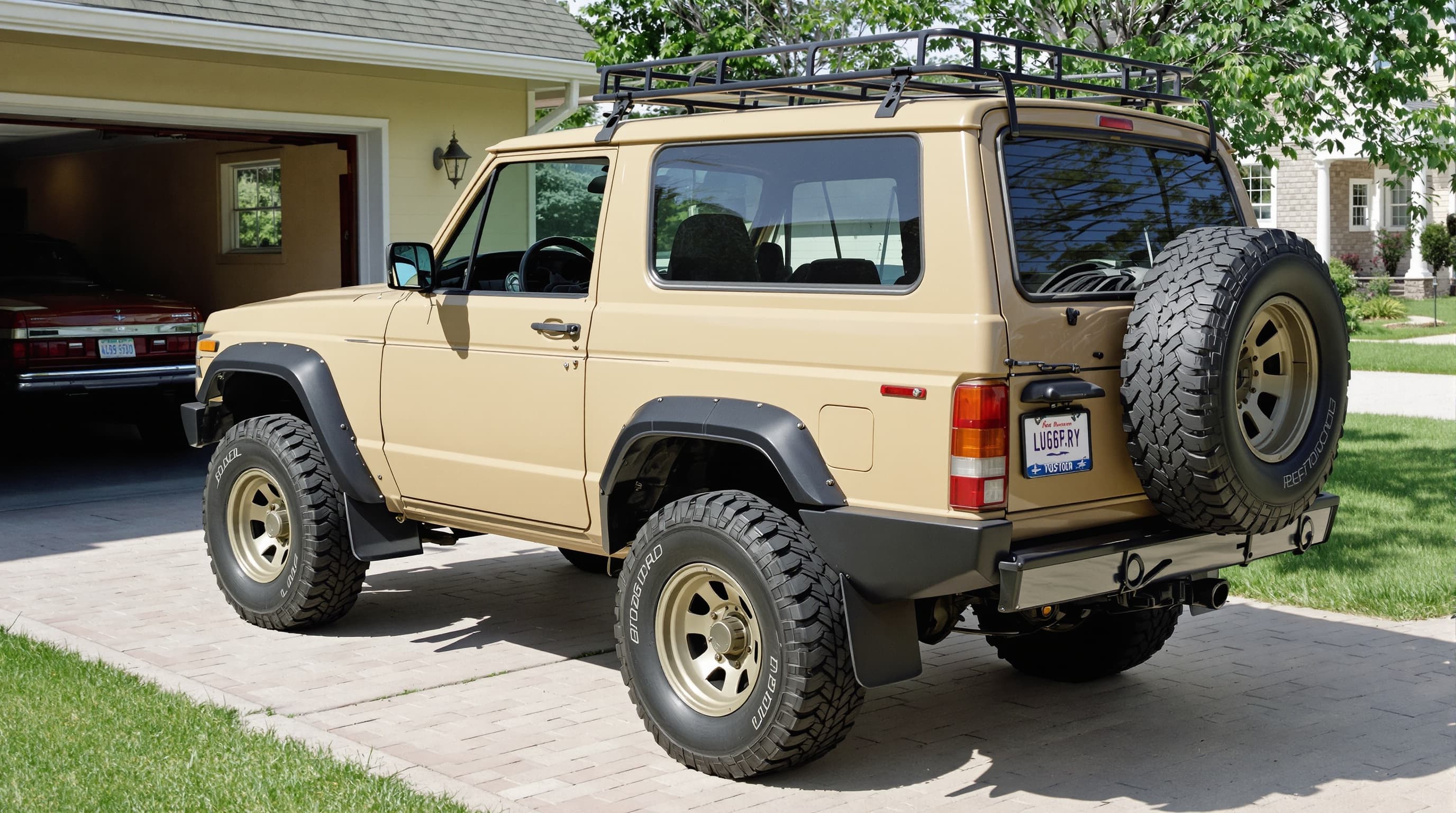 Tan off-road SUV with deep black restored fender flares and rocker cladding, rear three-quarter view in a driveway