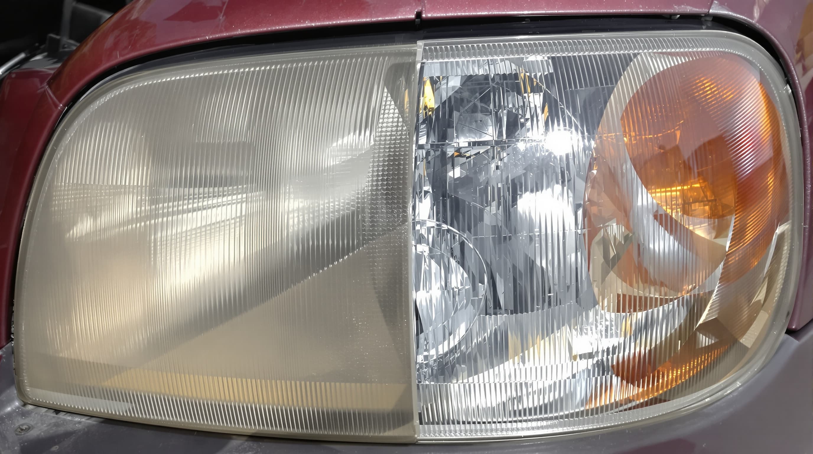 A car headlight half cloudy and yellowed on the left, polished crystal clear on the right after restoration