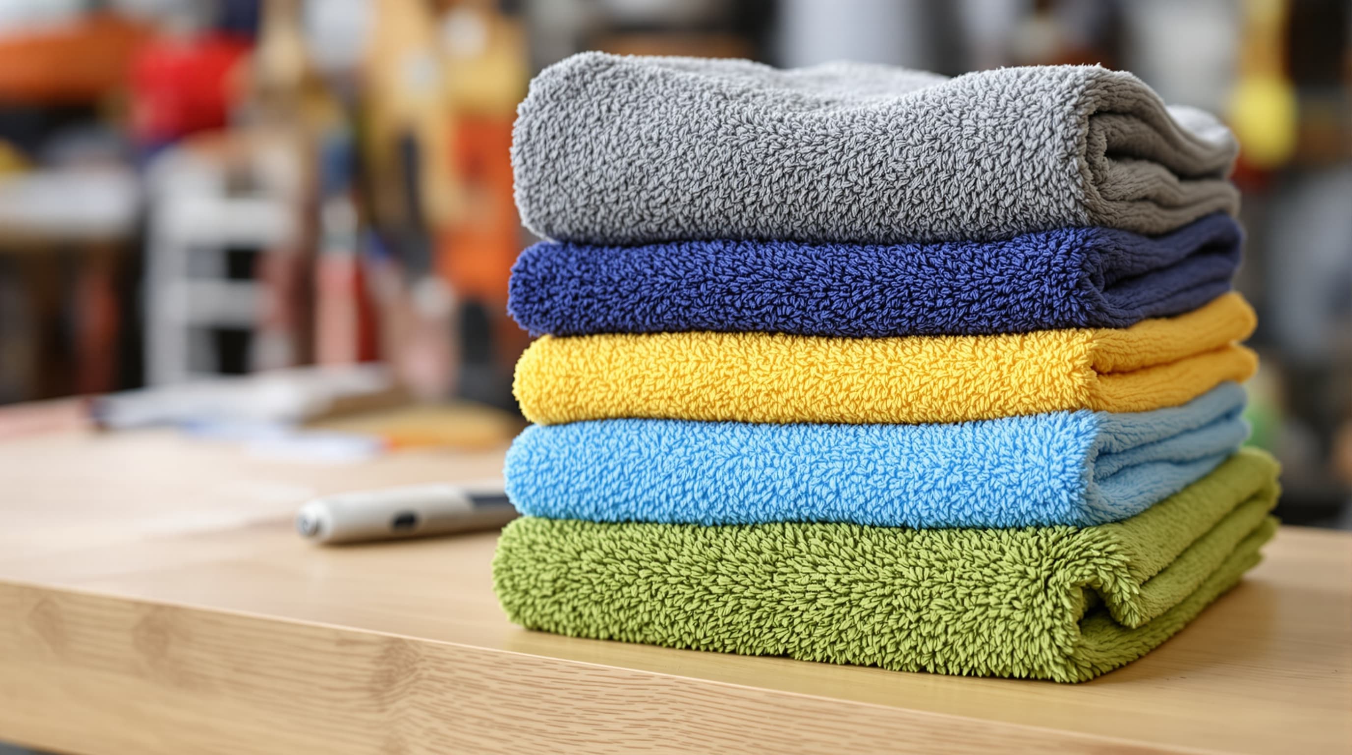 A stacked pile of folded plush microfiber detailing towels in gray, blue, yellow, and green on a wooden garage workbench