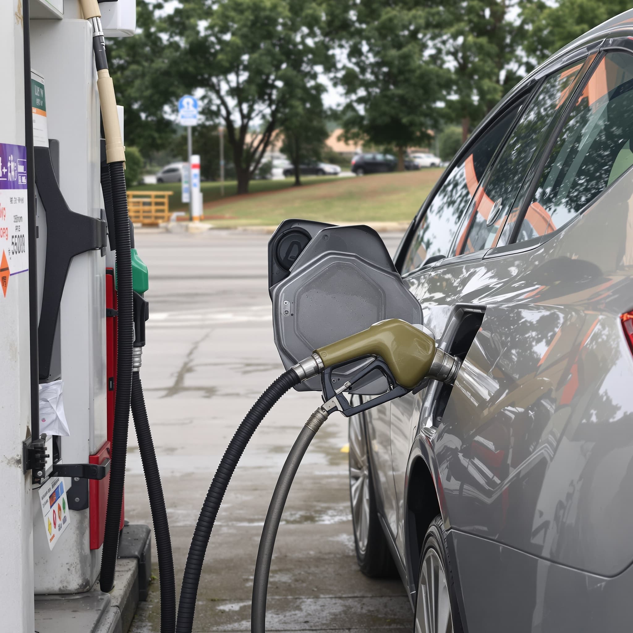 A car refueling at a gas station, fuel nozzle in the open filler door under overcast light