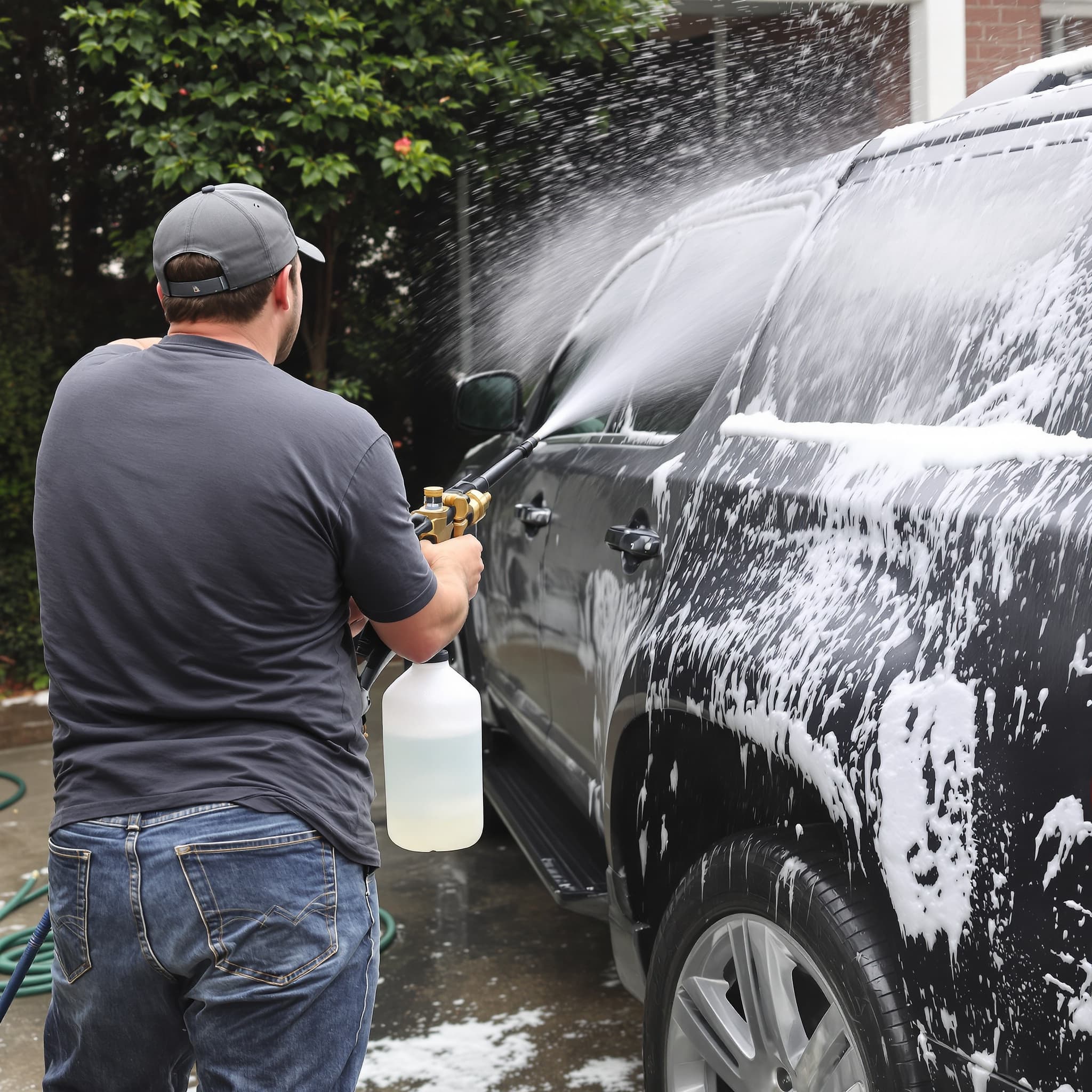 A man spraying thick white foam onto a dark SUV with a foam cannon, its soap bottle visible under the spray gun, in a home driveway