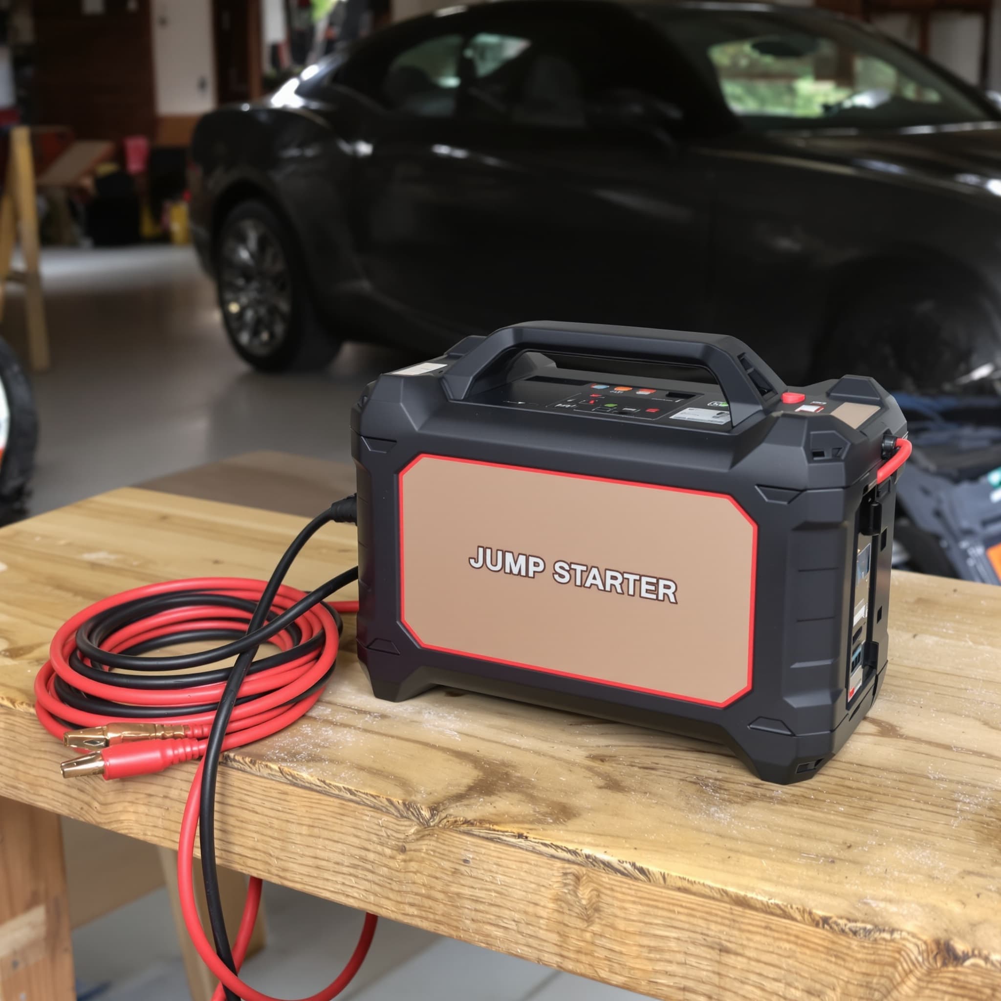 A portable jump starter with coiled red and black clamp cables resting on a wooden garage workbench, a car parked out of focus behind it
