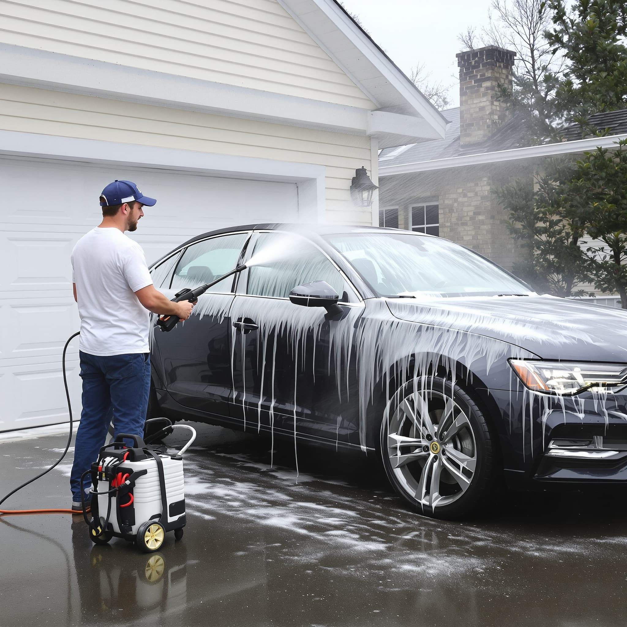 A man washing a dark blue car with an electric pressure washer and foam cannon, thick suds covering the hood, in a home driveway
