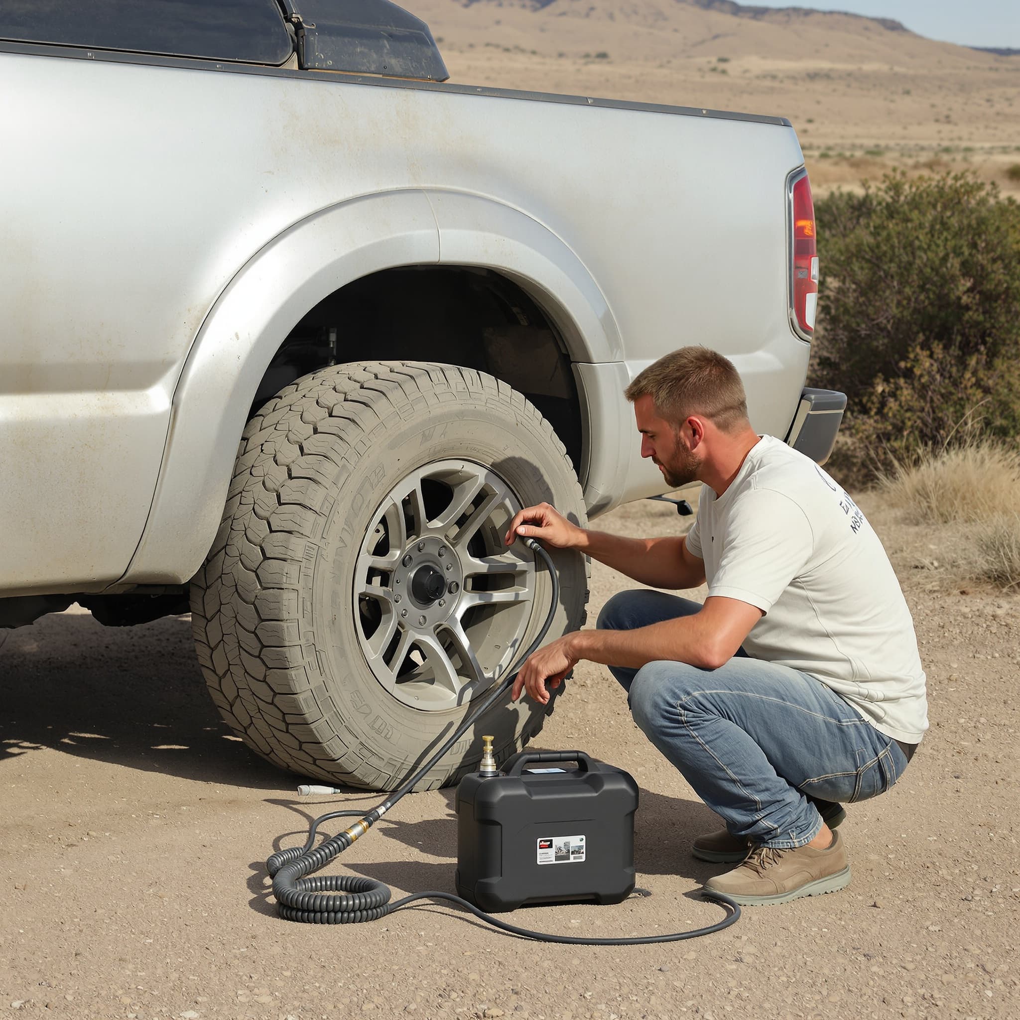 A man airing up a pickup truck tire with a portable tire inflator at an off-road trail pullout