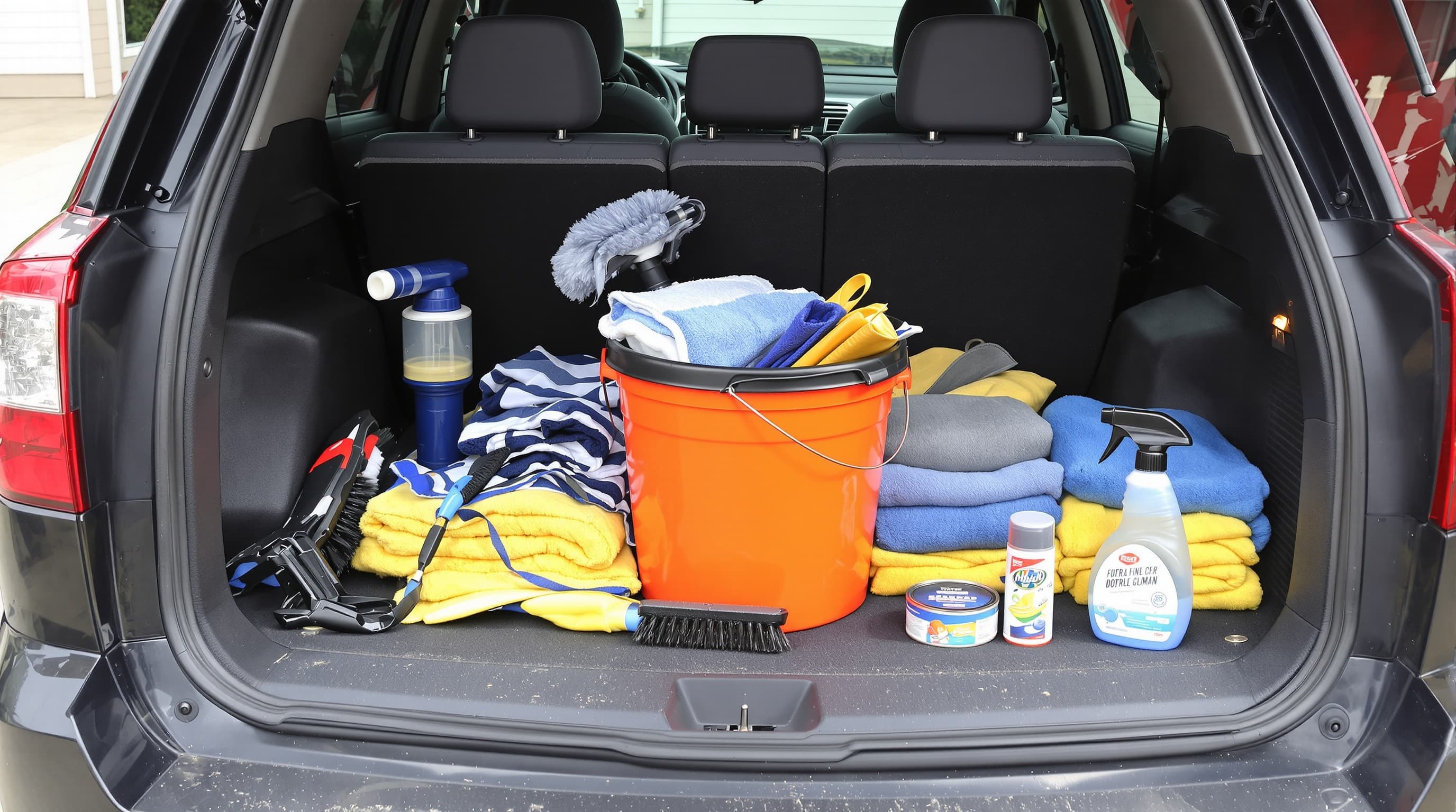 A car detailing kit loaded in an open SUV trunk: an orange wash bucket, folded microfiber towels, spray bottles, a wax tin and a wheel brush