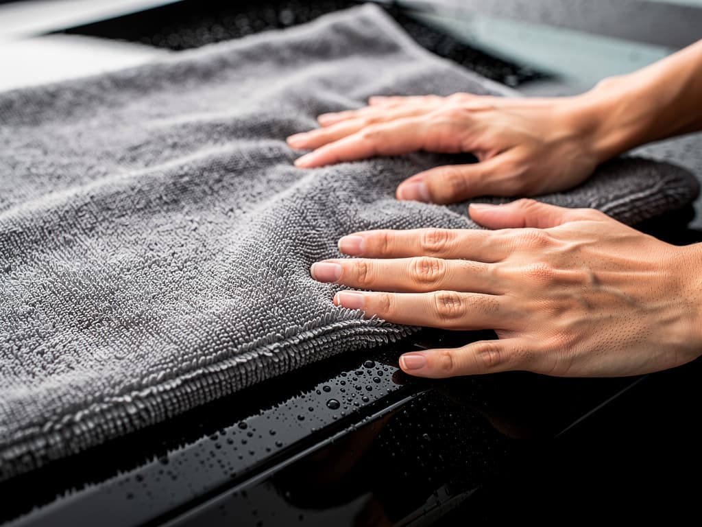 Hands drying a wet glossy black car panel with a plush gray microfiber towel