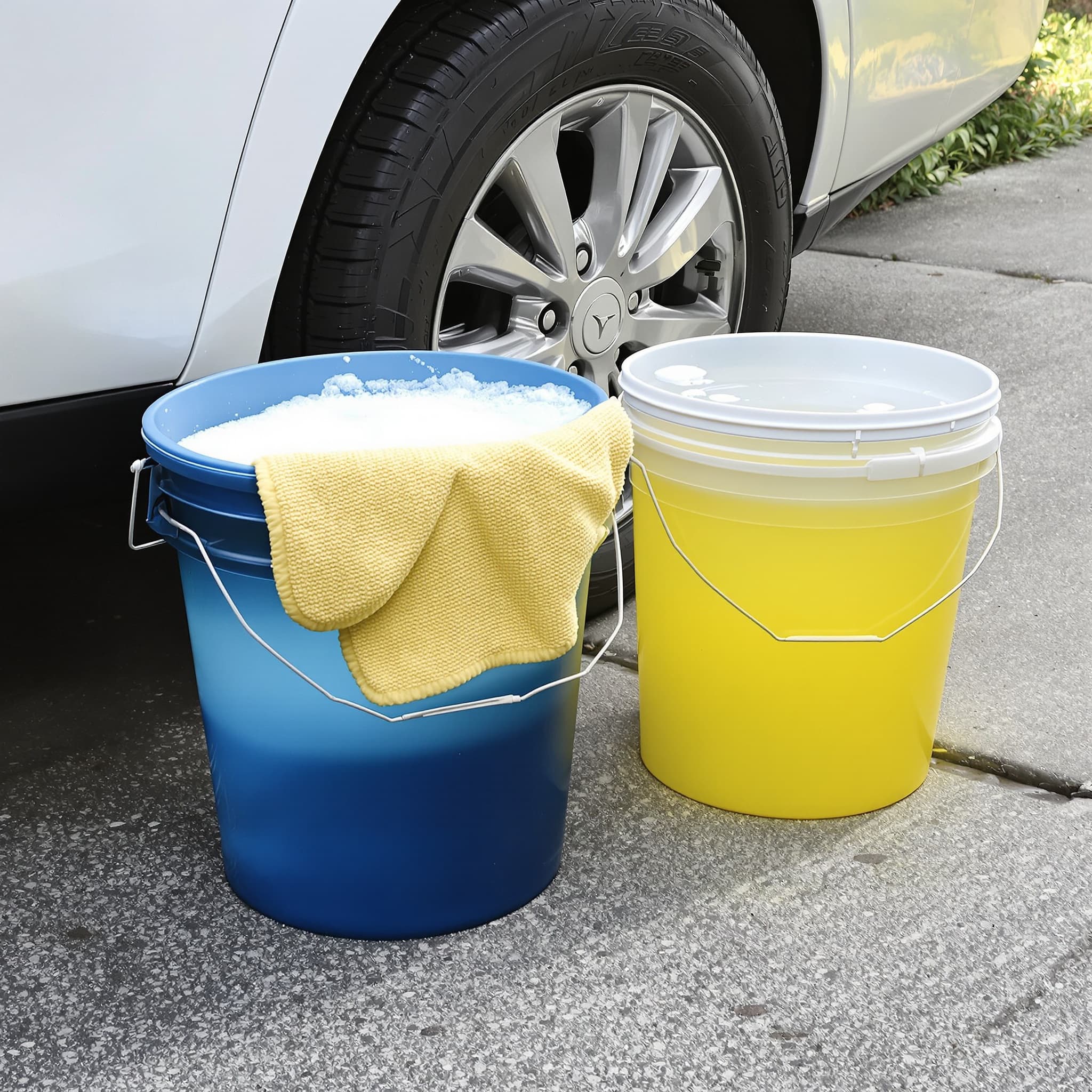Two car wash buckets on a driveway: a blue suds bucket with a microfiber towel draped over the rim, and a yellow rinse bucket, beside a car's wheel