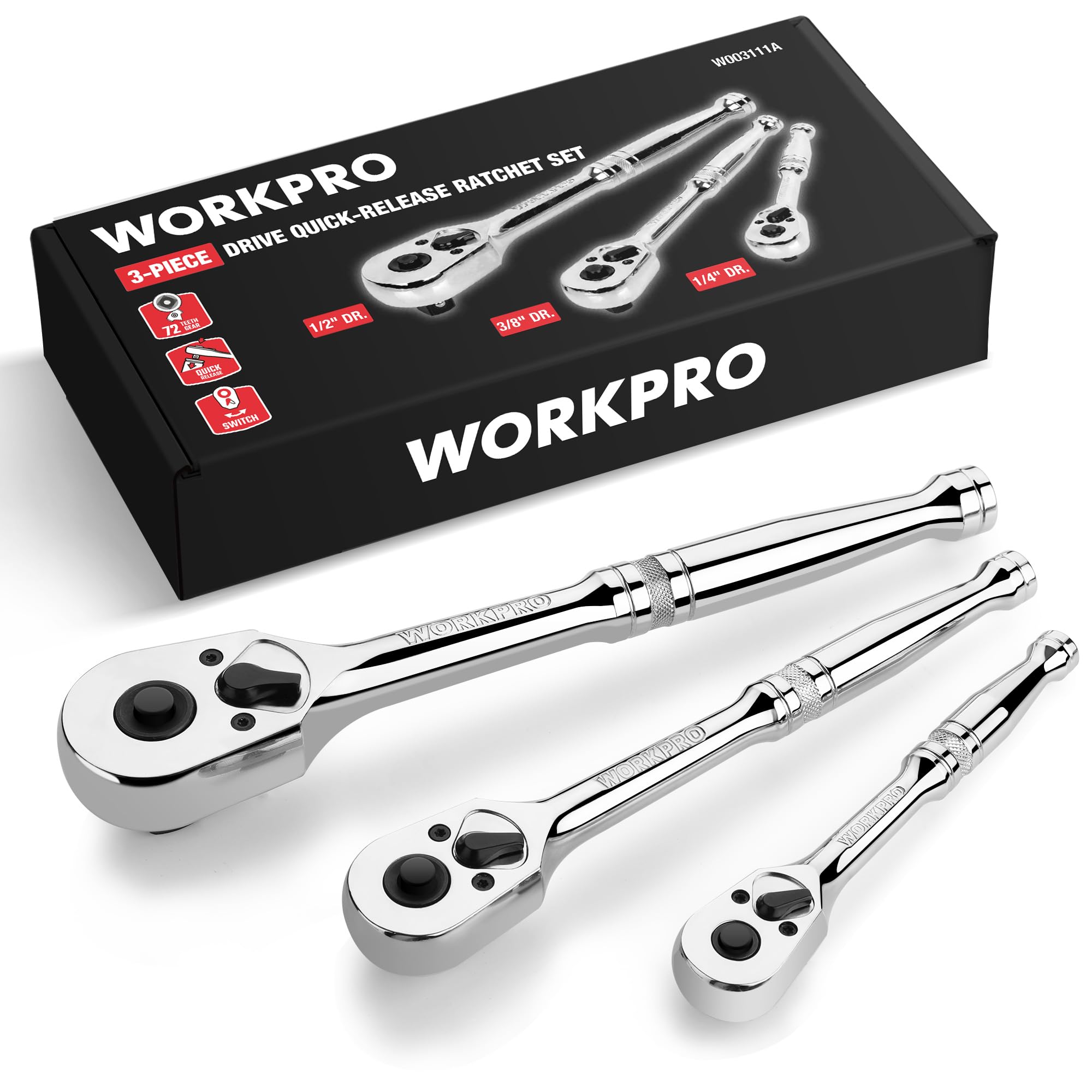 WORKPRO WORKPRO 3-Piece Ratchet Set (1/4", 3/8", 1/2" Drive, 72-Tooth, EVA Storage)