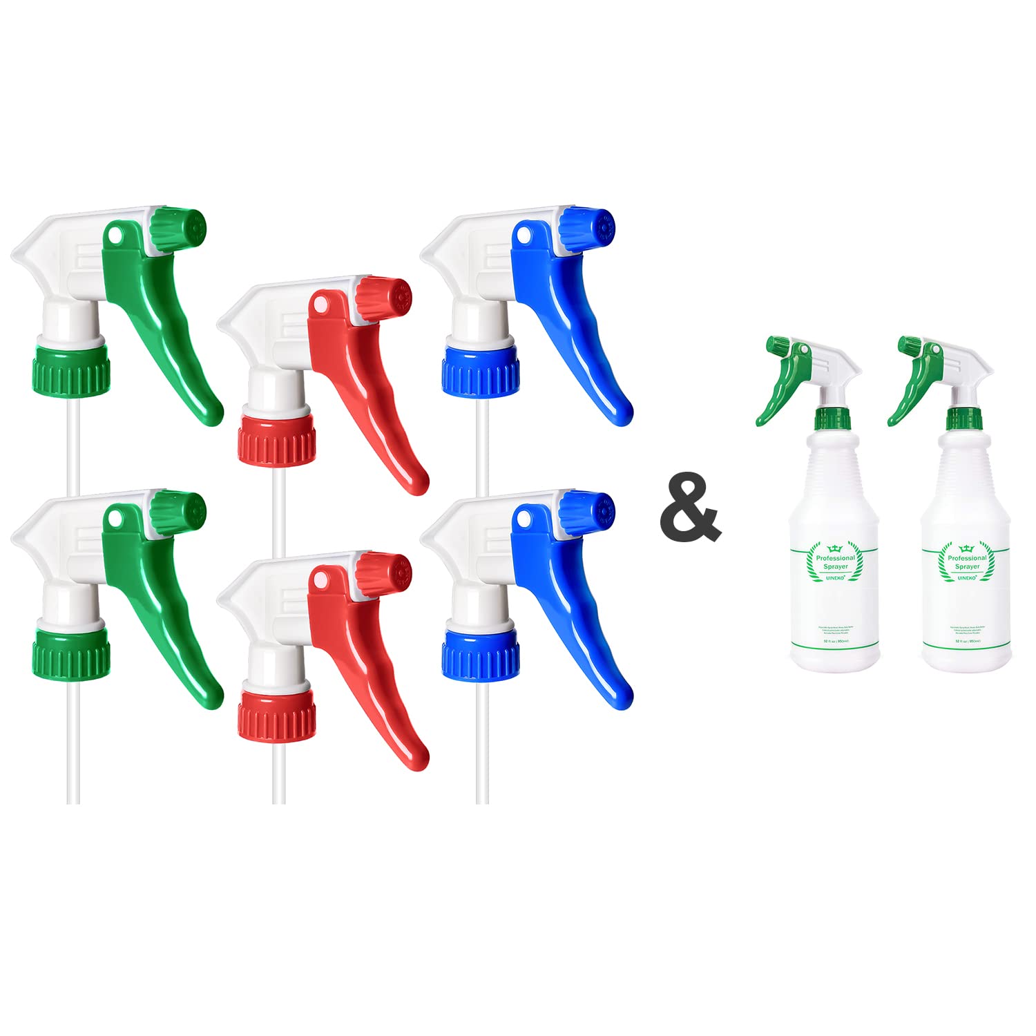 Uineko Plastic Spray Bottle 2-Pack 32 oz + 6 Replacement Nozzles