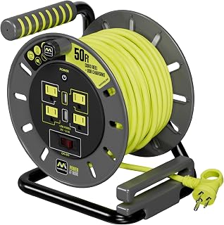 Masterplug 50ft Cord Reel with Winding Handle, 4 Outlets, 2 USB Ports, 13A Circuit Breaker