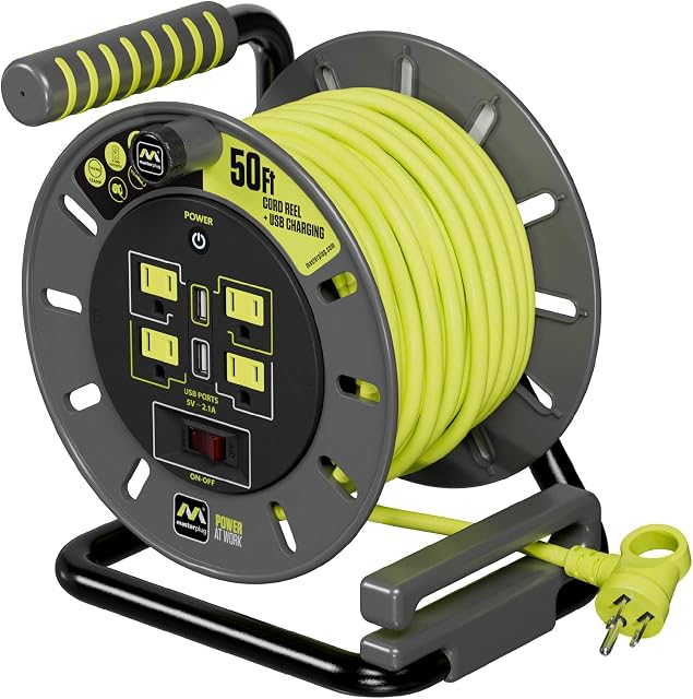 Masterplug 50ft Cord Reel with Winding Handle, 4 Outlets, 2 USB Ports, 13A Circuit Breaker