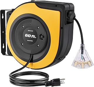 DEWENWILS Retractable Cord Reel, 60 FT Heavy Duty Extension Cord, 12AWG/3C SJTOW, 3 Grounded Outlets, 15A Circuit Breaker, Wall/Ceiling Mount