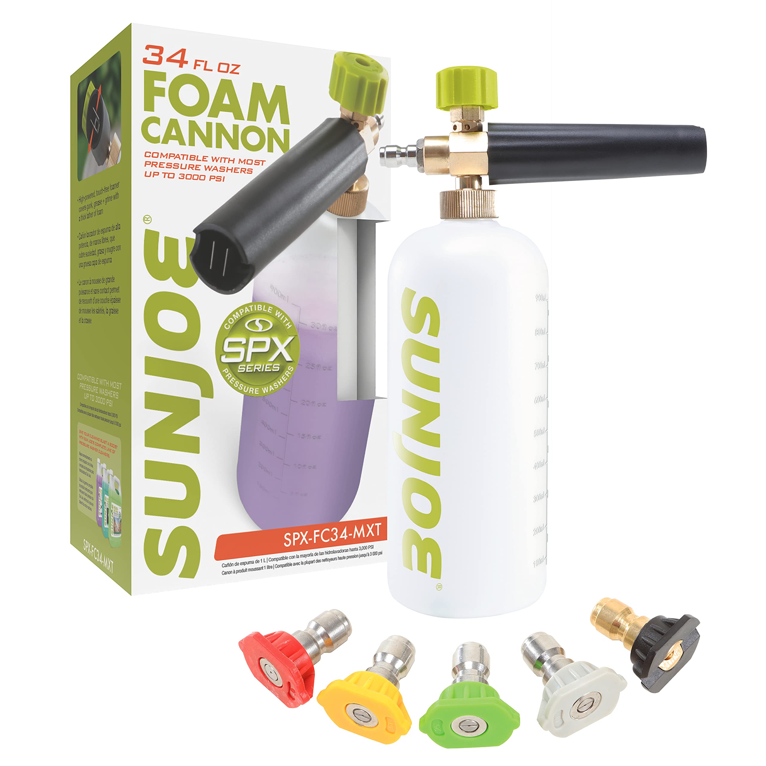 Sun Joe SPX-FC34-MXT Foam Cannon for SPX Series Electric Pressure Washers 34 Oz. | 1/4" Quick Connector | 5 Quick Connect Nozzle Tips
