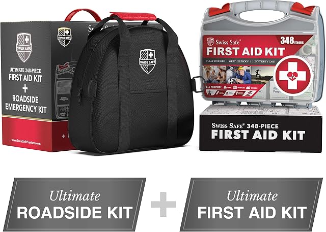 Swiss Safe 2-in-1 Car Emergency Kit (378-Piece: Jumper Cables + 348-Piece First Aid Kit)