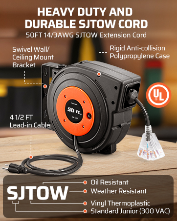 DEWENWILS Retractable Cord Reel, 60 FT Heavy Duty Extension Cord, 12AWG/3C SJTOW, 3 Grounded Outlets, 15A Circuit Breaker, Wall/Ceiling Mount — image 3